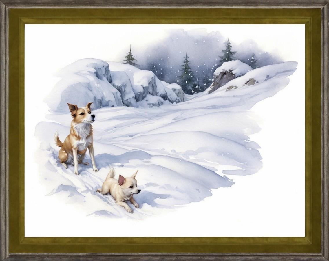 Watercolor Painting of Dogs in a Snowy Landscape