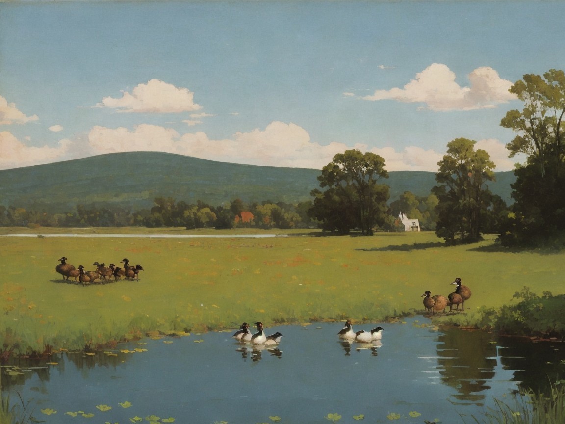 Serene Landscape with Pond and Ducks in Green Fields