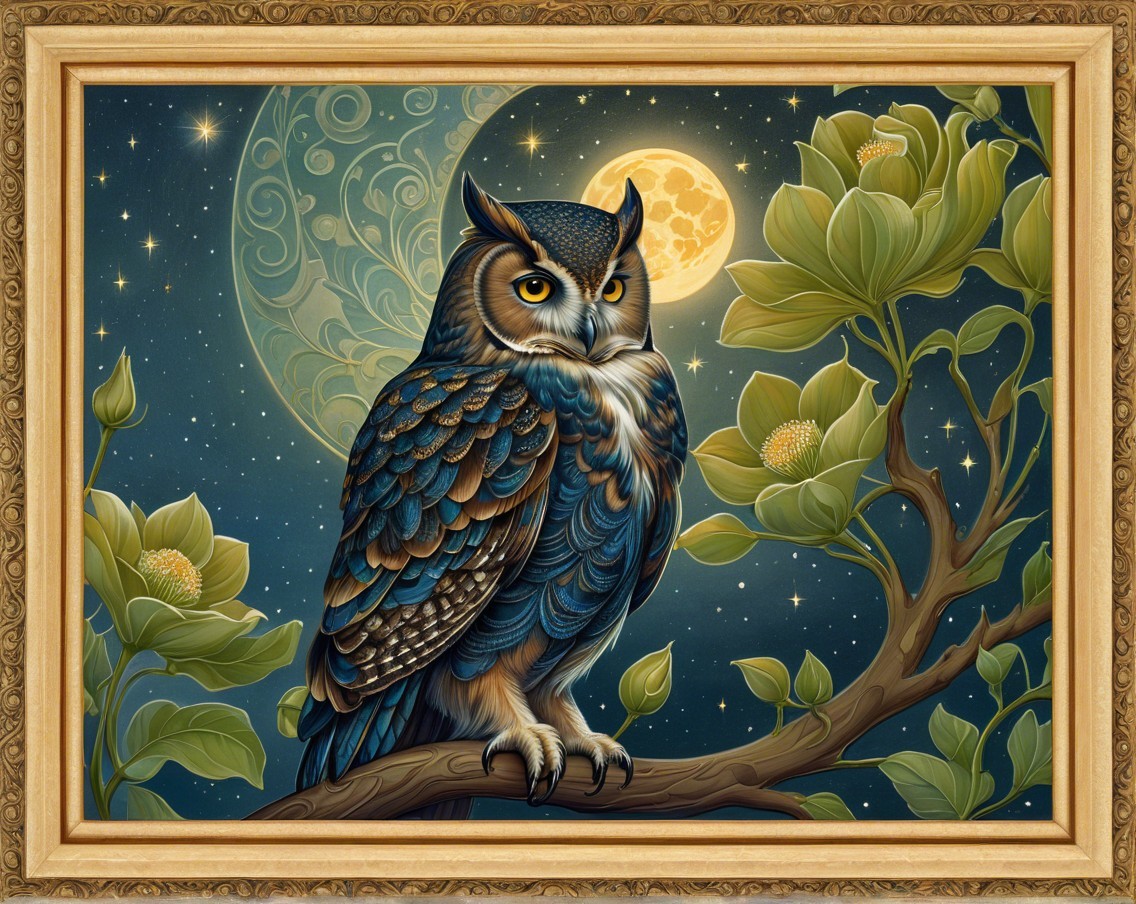 Illustration of an Owl in a Moonlit Forest Setting