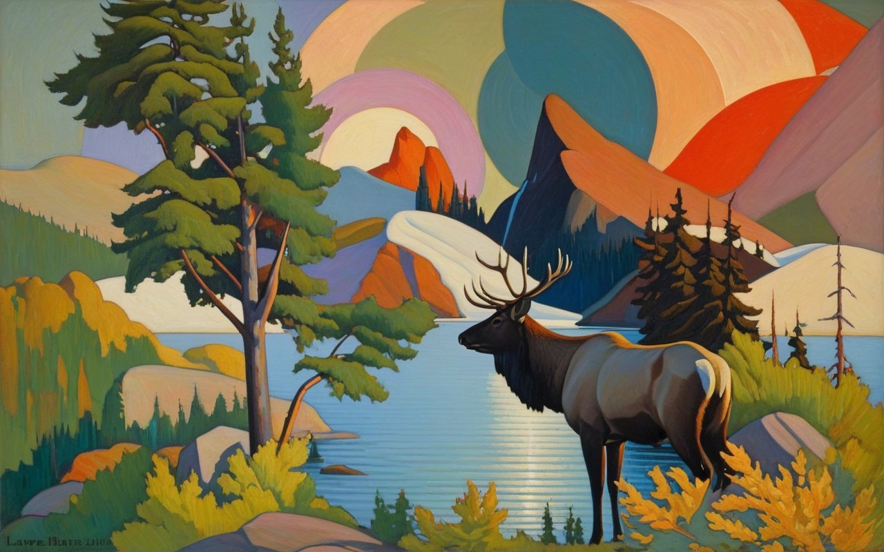 Serene Landscape with Deer by a Tranquil Lake