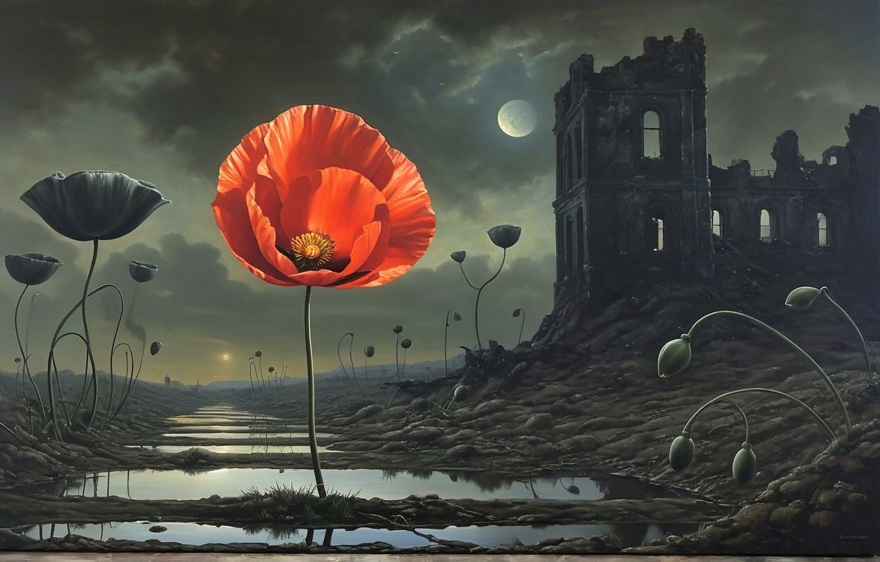 Surreal Landscape with Red Poppy and Ruins