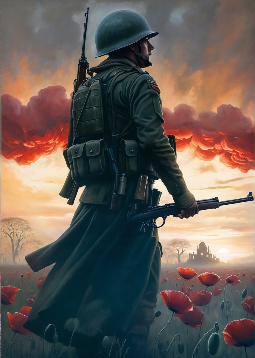 Soldier in Military Gear Among Red Poppies at Sunset