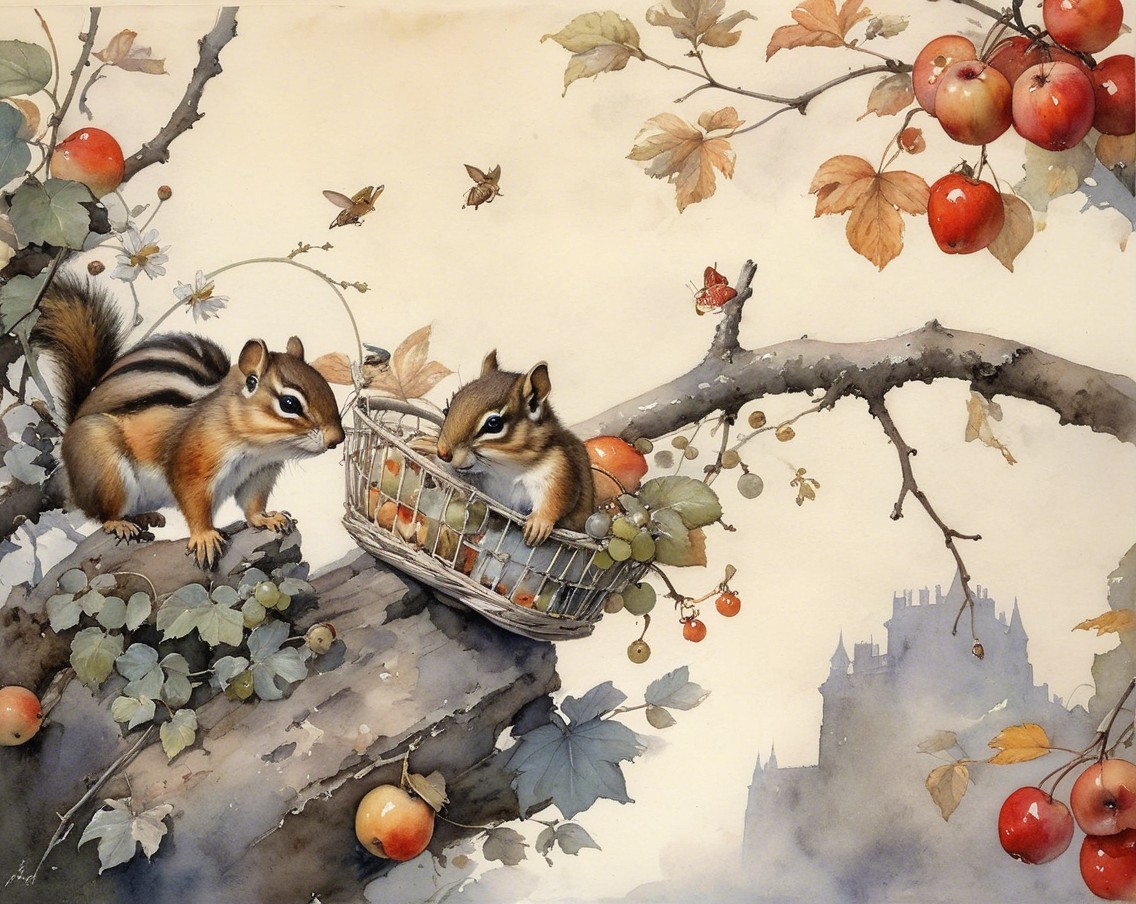 Chipmunks on Tree Branch with Apples and Autumn Leaves