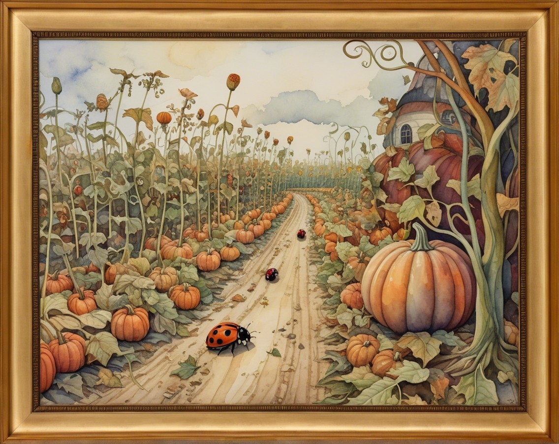 Autumn Scene with Sunflowers, Pumpkins, and Cottage
