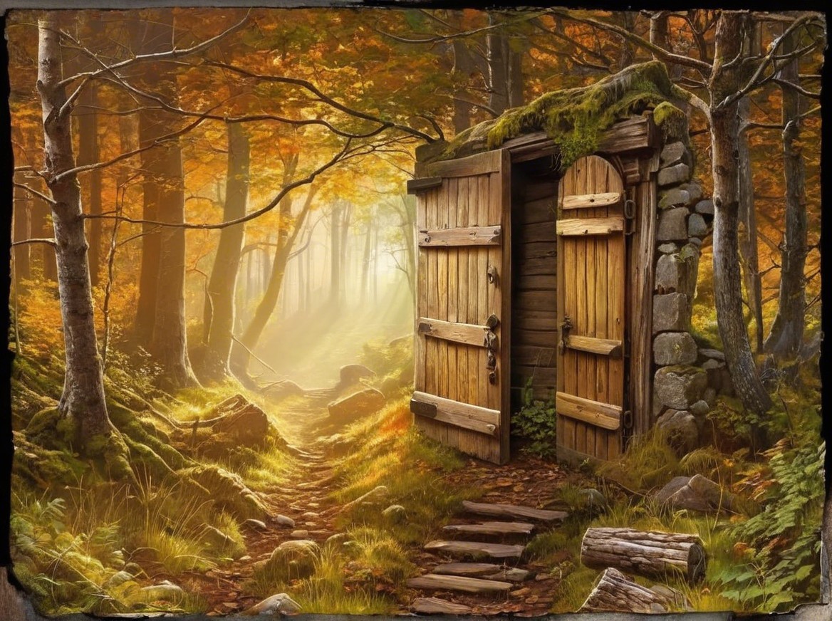 Open Wooden Door in Vibrant Autumn Forest Scene
