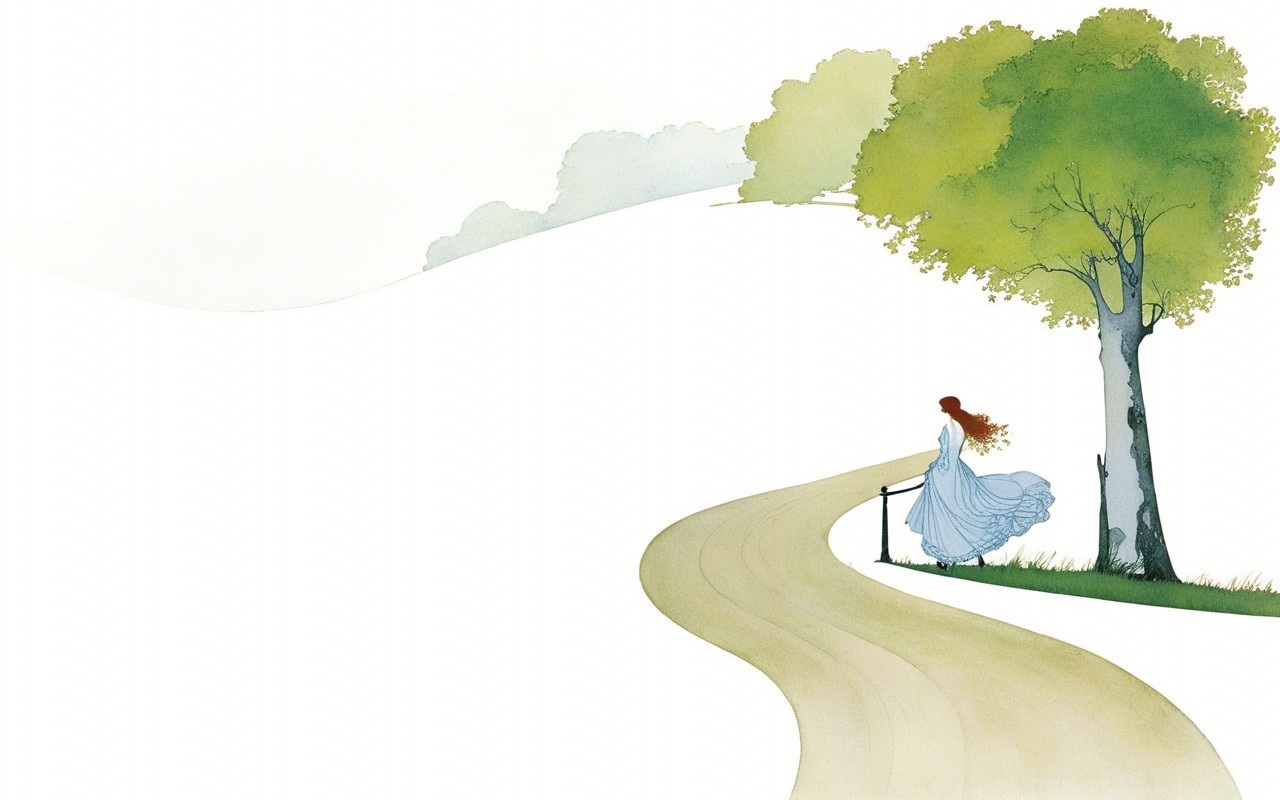 Serene Pathway with Woman in Flowing Dress