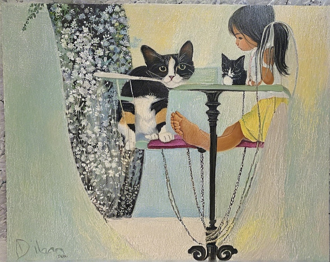 Charming Painting of a Girl with Cats at a Table