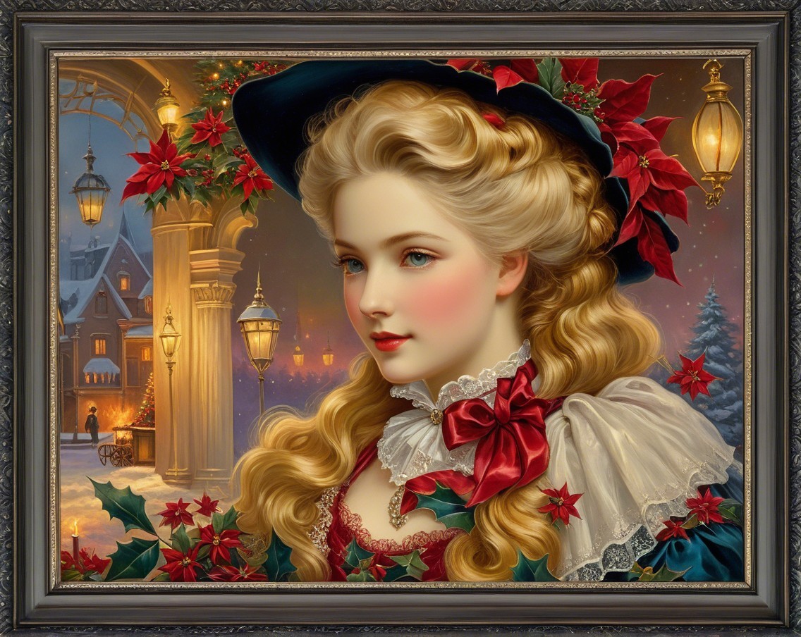 Young woman in vintage dress in snowy holiday scene