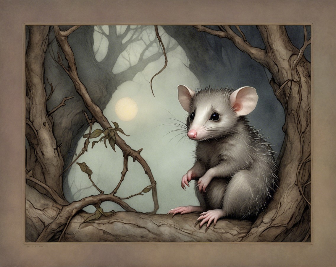 Opossum on a Branch in a Misty Forest Setting