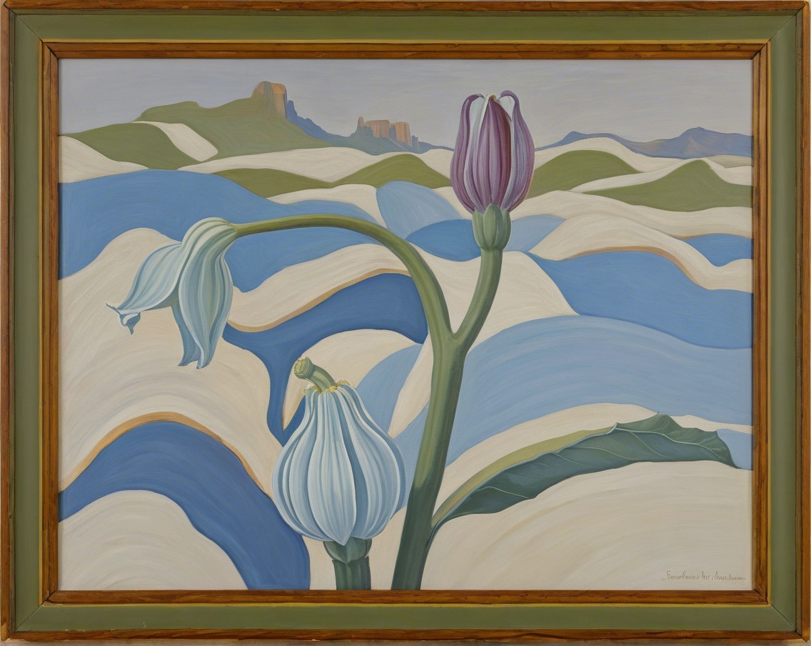 Stylized Flowers in Serene Landscape Artwork