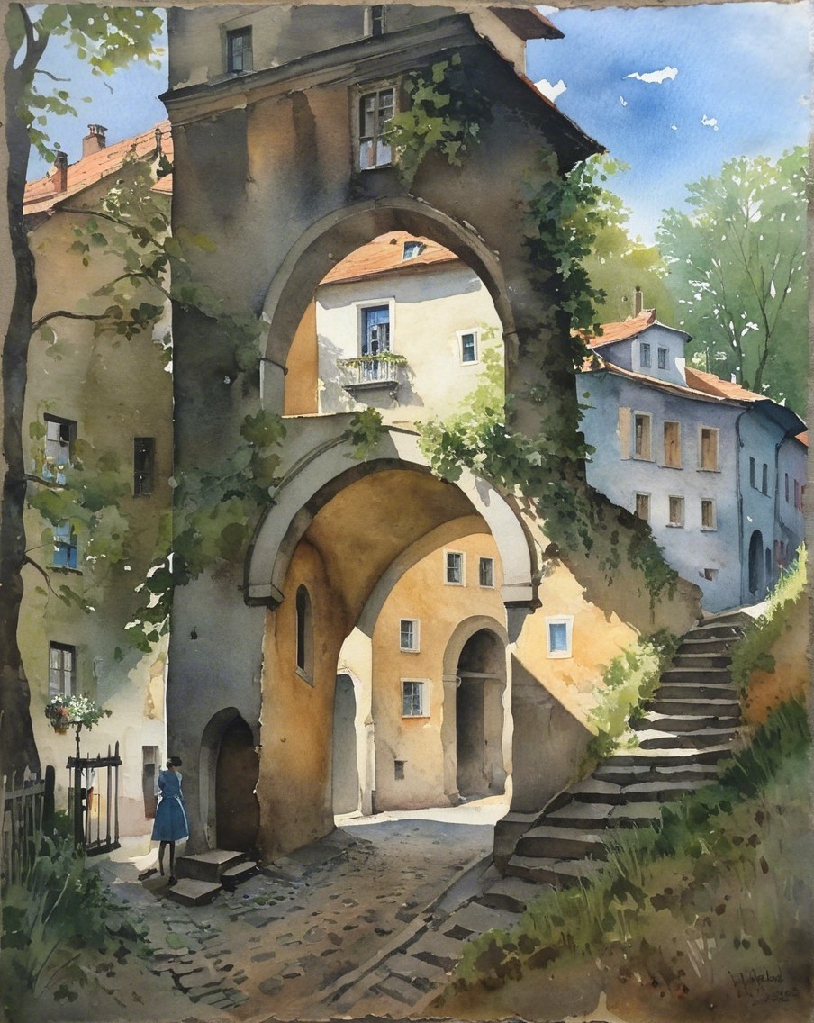 Watercolor Village Scene with Sunlit Buildings and Pathways