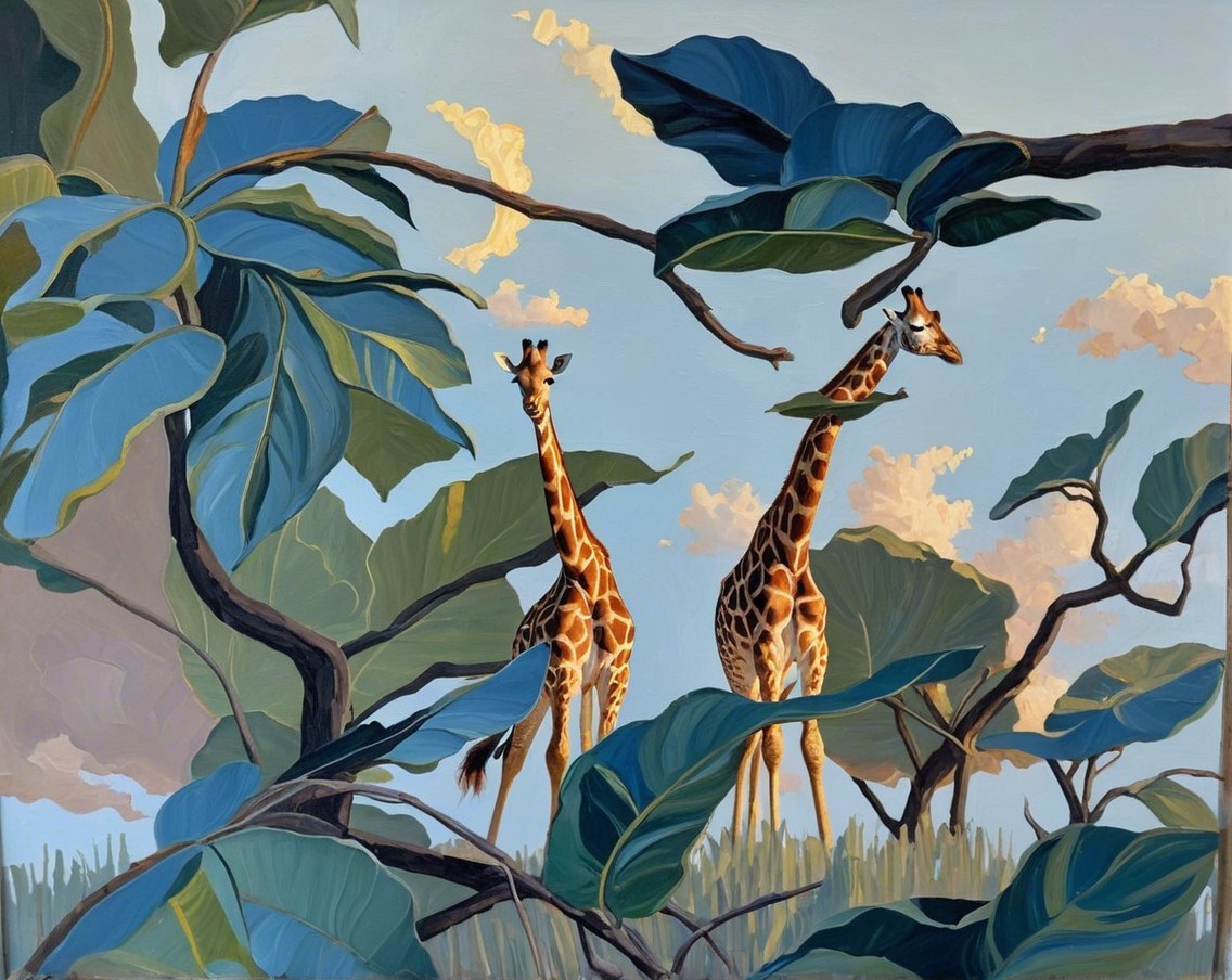 Giraffes Among Lush Green Leaves and Blue Sky