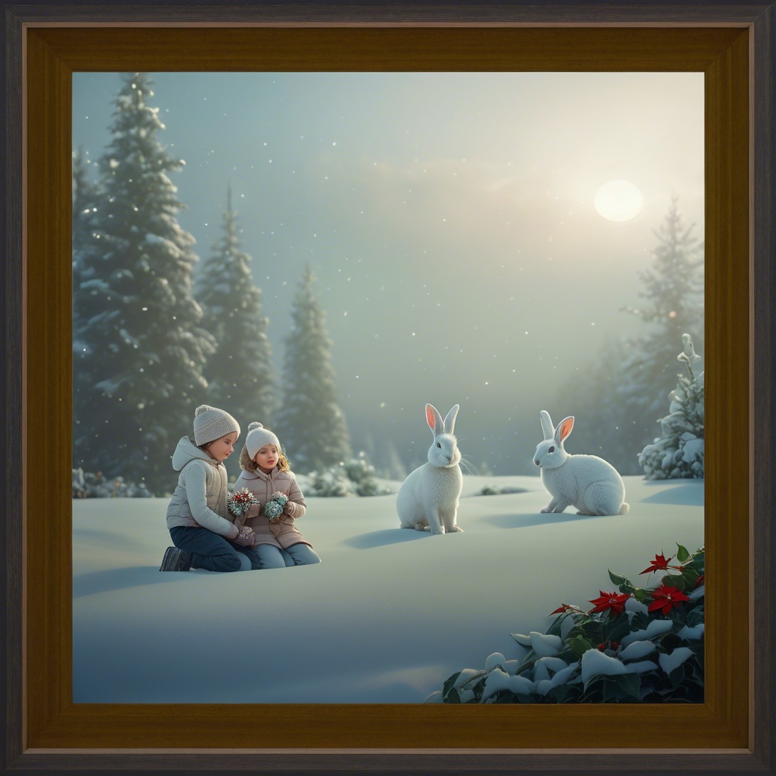 Children in Snow with Rabbits and Pine Trees