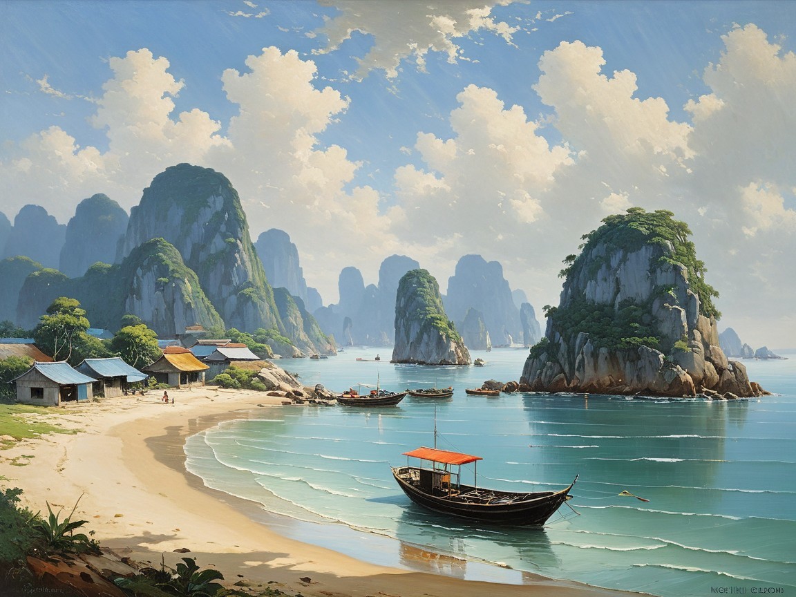 Coastal Scene with Cliffs, Boats, and Colorful Huts