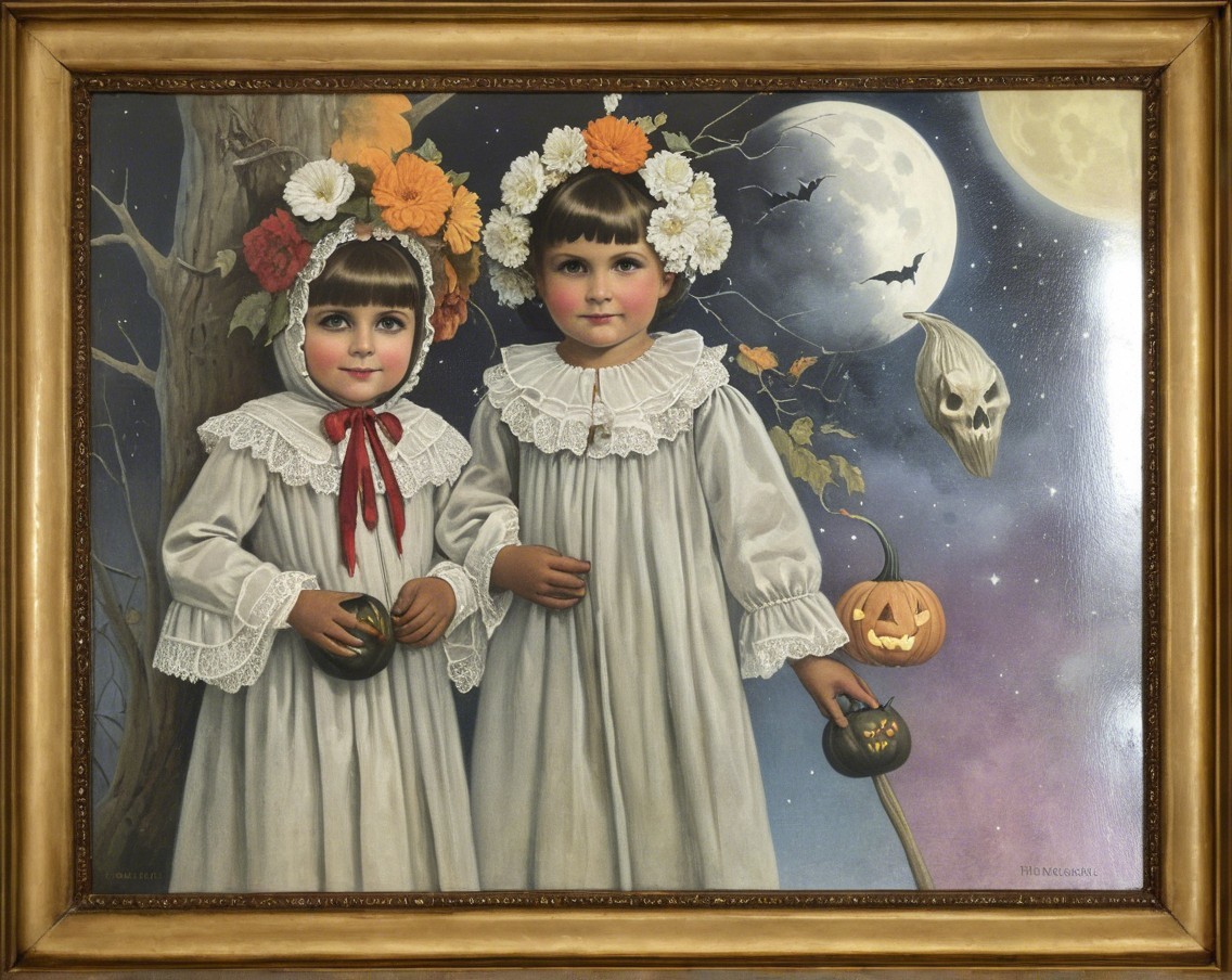 Vintage Halloween Scene with Girls in White Gowns