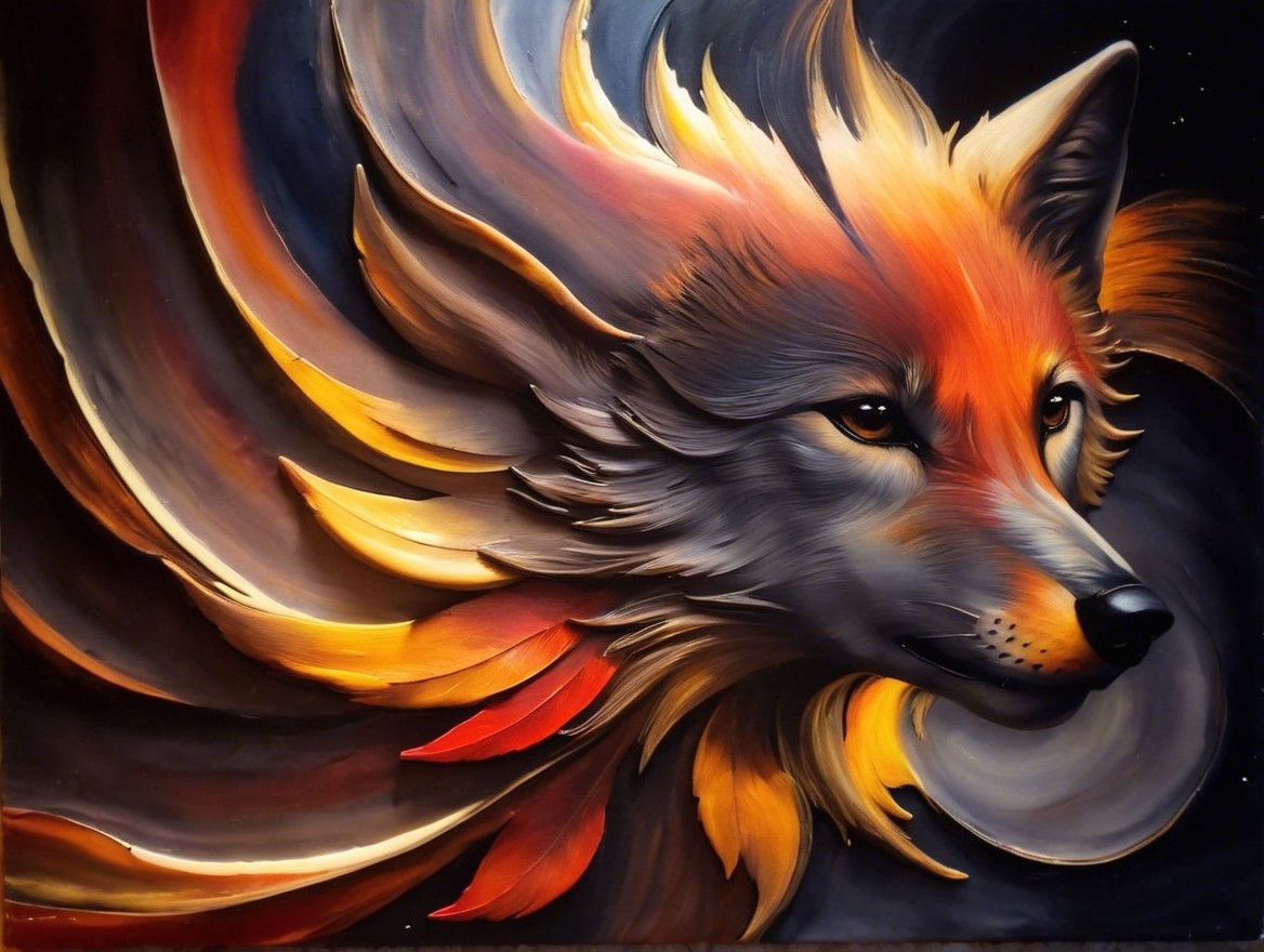 Stylized fox artwork with fiery colors and dark background