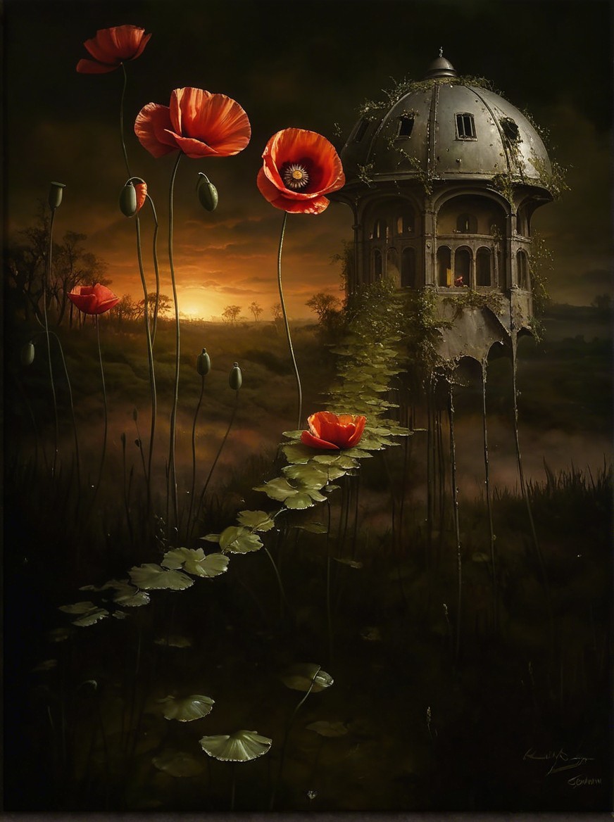 Surreal Landscape with Oversized Poppies and Waterway