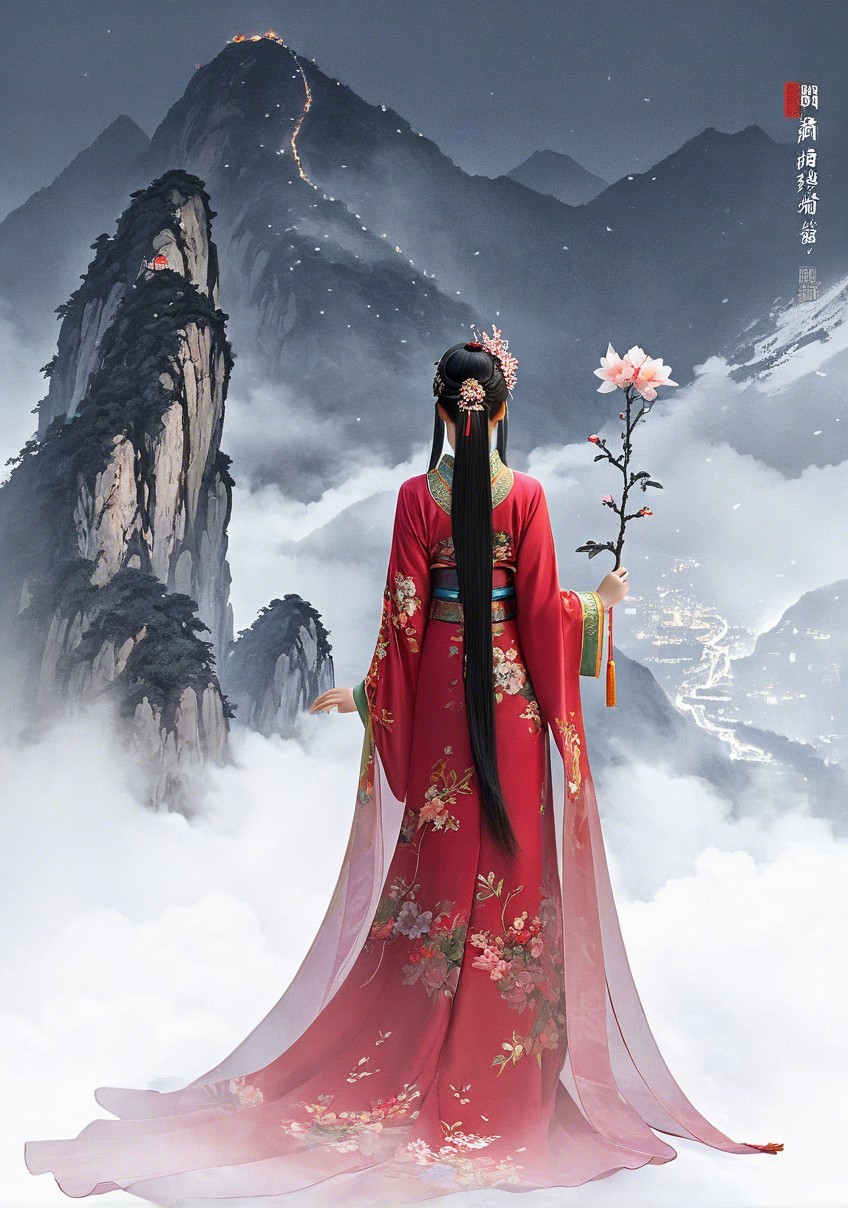 Serene Figure in Red Dress at Misty Cliff Overlook