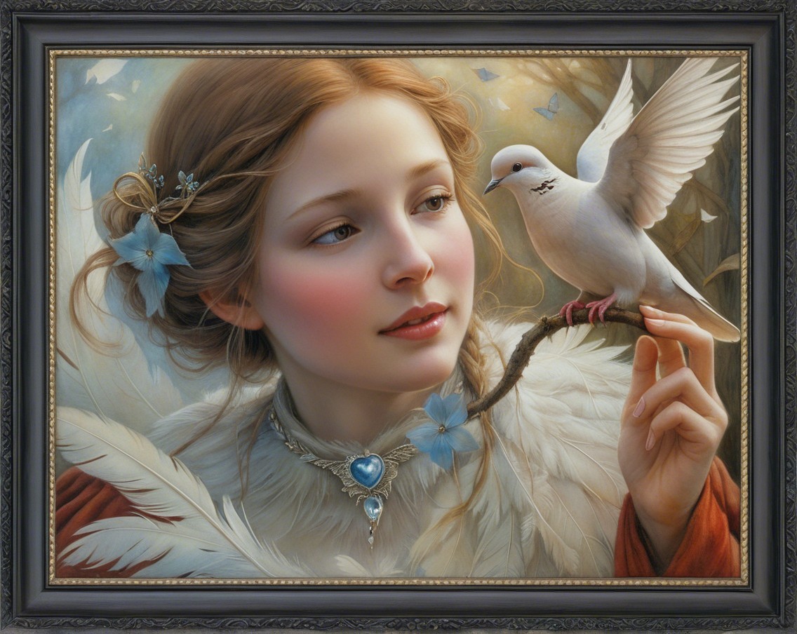 Young girl with blue flowers and white dove in nature