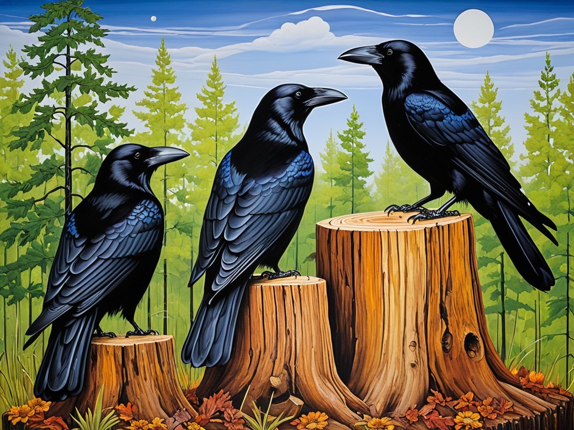Ravens on Stumps in Vibrant Forest with Autumn Leaves