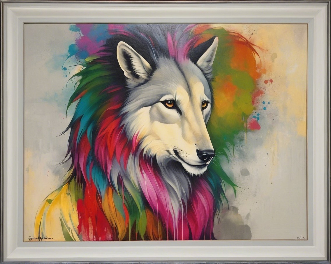 Majestic Wolf with Colorful Mane and Abstract Background