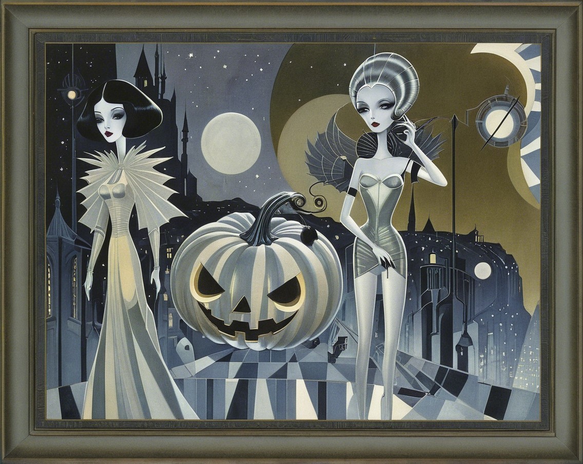 Vintage-Inspired Artwork with Elegant Figures and Cityscape
