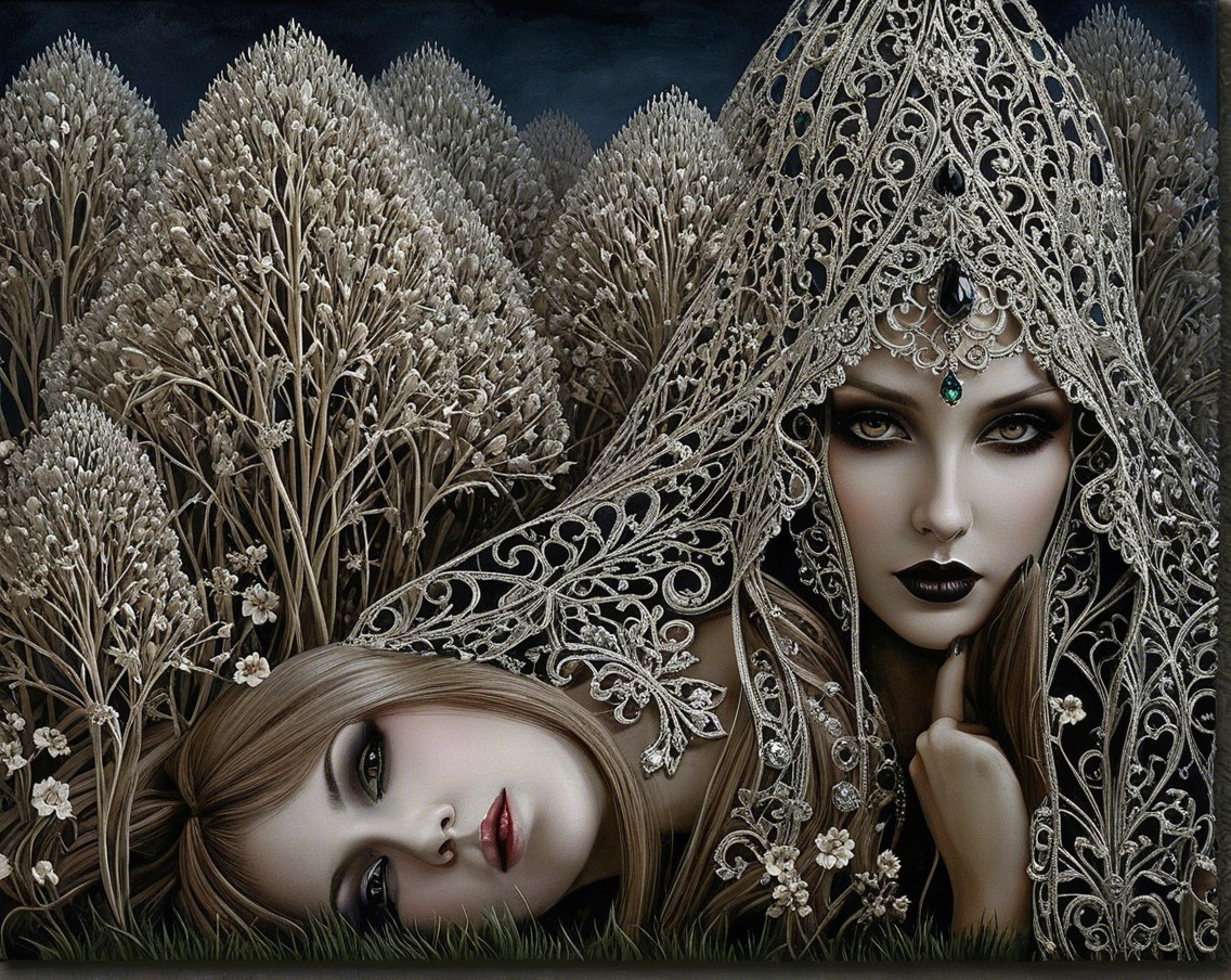 Ethereal Women in Mystical Landscape with Silver Trees