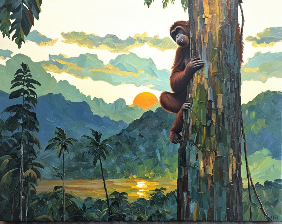Orangutan Climbing a Tree at Sunset with Scenic Landscape