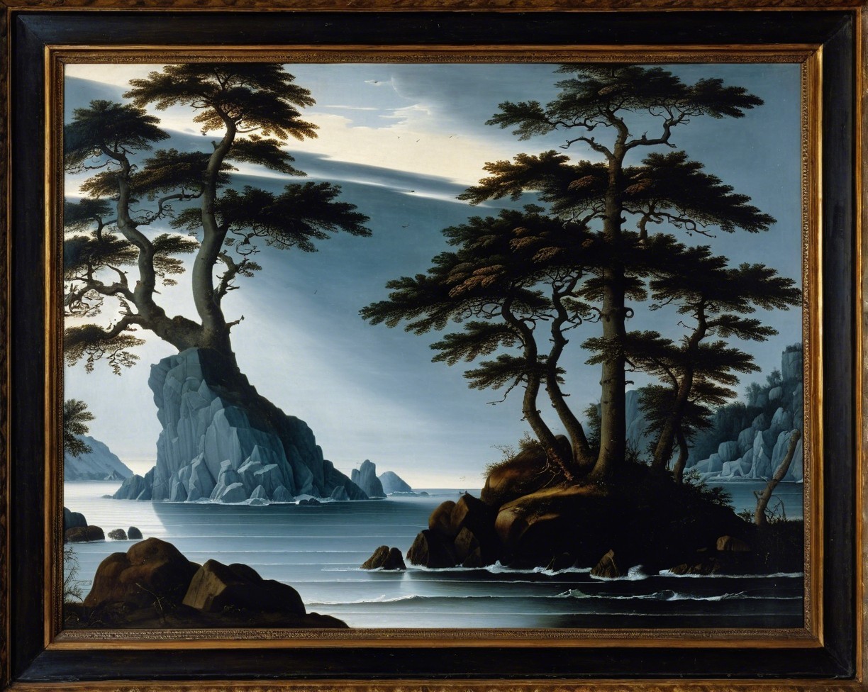 Oil Painting of Mountainous Seascape with Pine Trees