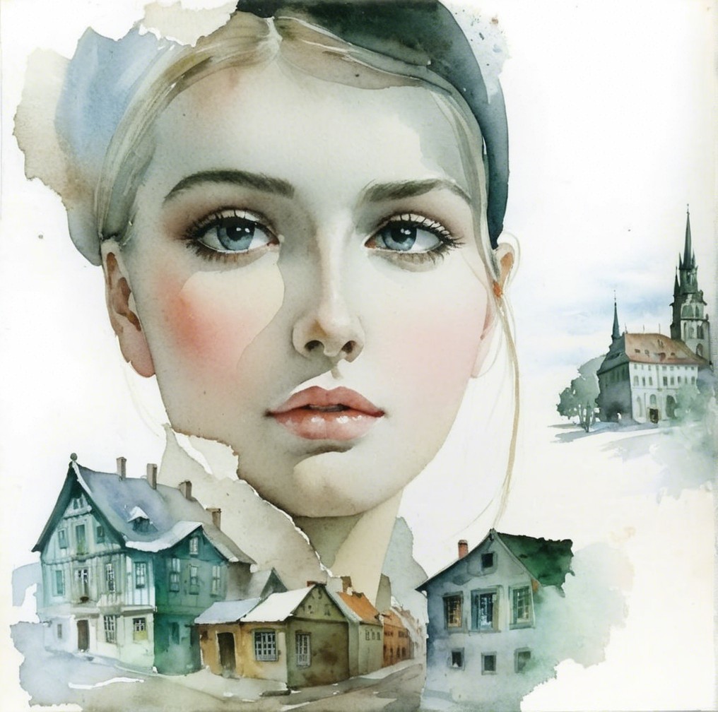 Watercolor Illustration of a Young Woman and Landscape