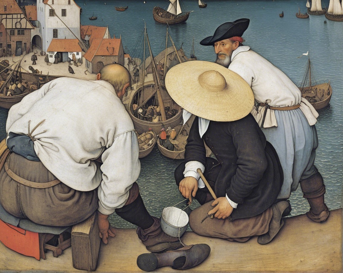 Men Conversing by the Water in a Coastal Harbor Scene