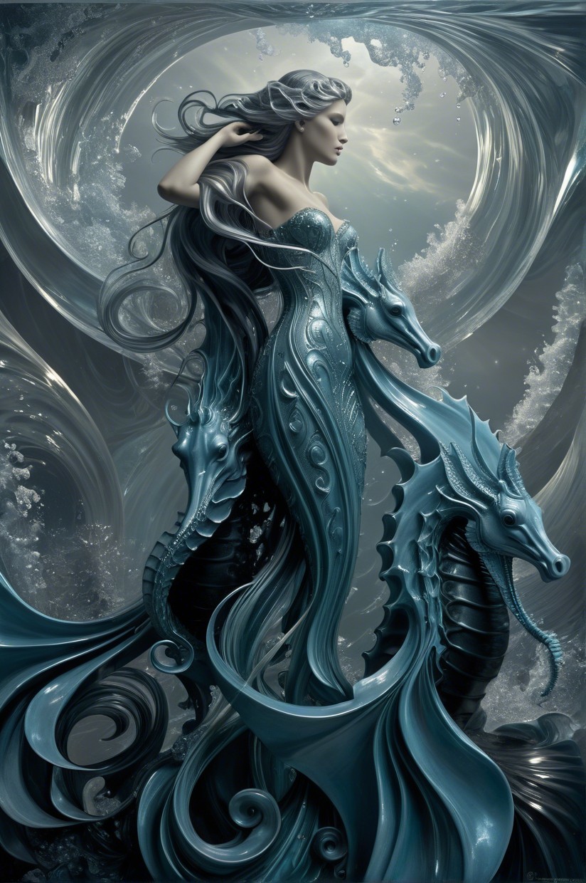 Mythical figure in aquamarine gown with seahorses