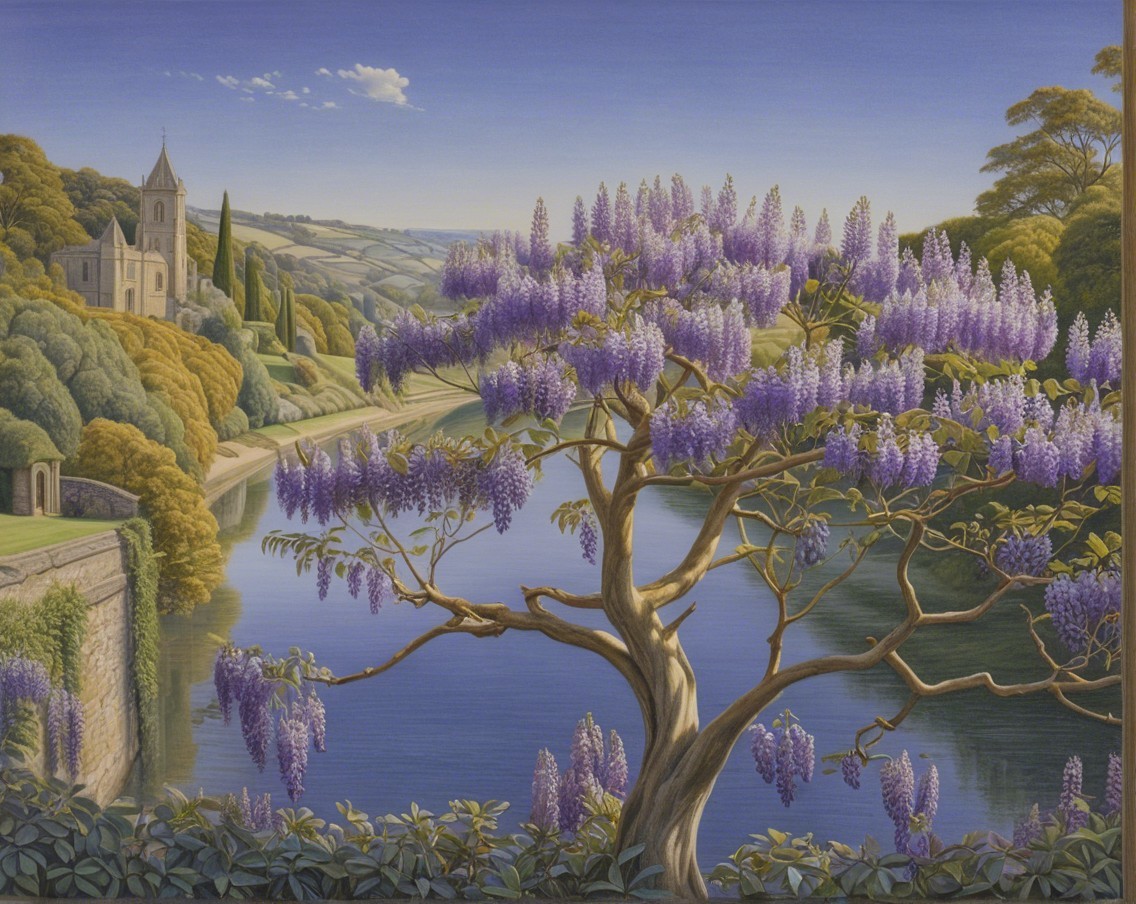 Vibrant Wisteria Tree Overlooking Tranquil River Landscape