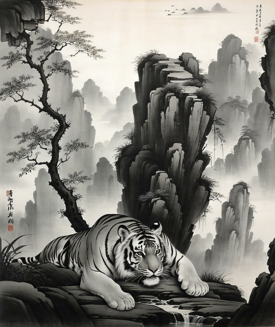 Majestic tiger on rocky outcrop in serene landscape