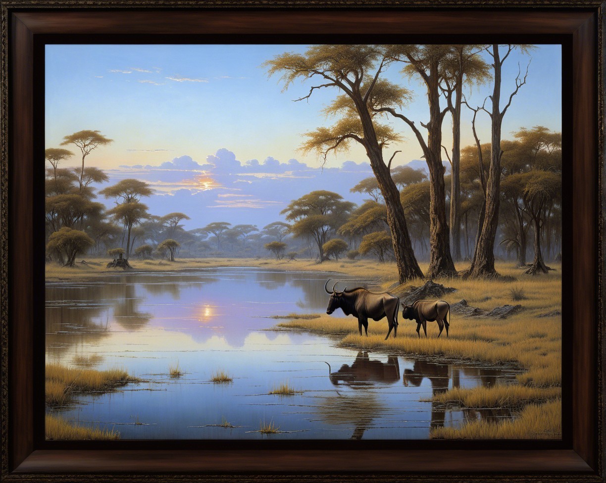 Serene Safari Landscape Oil Painting at Sunset