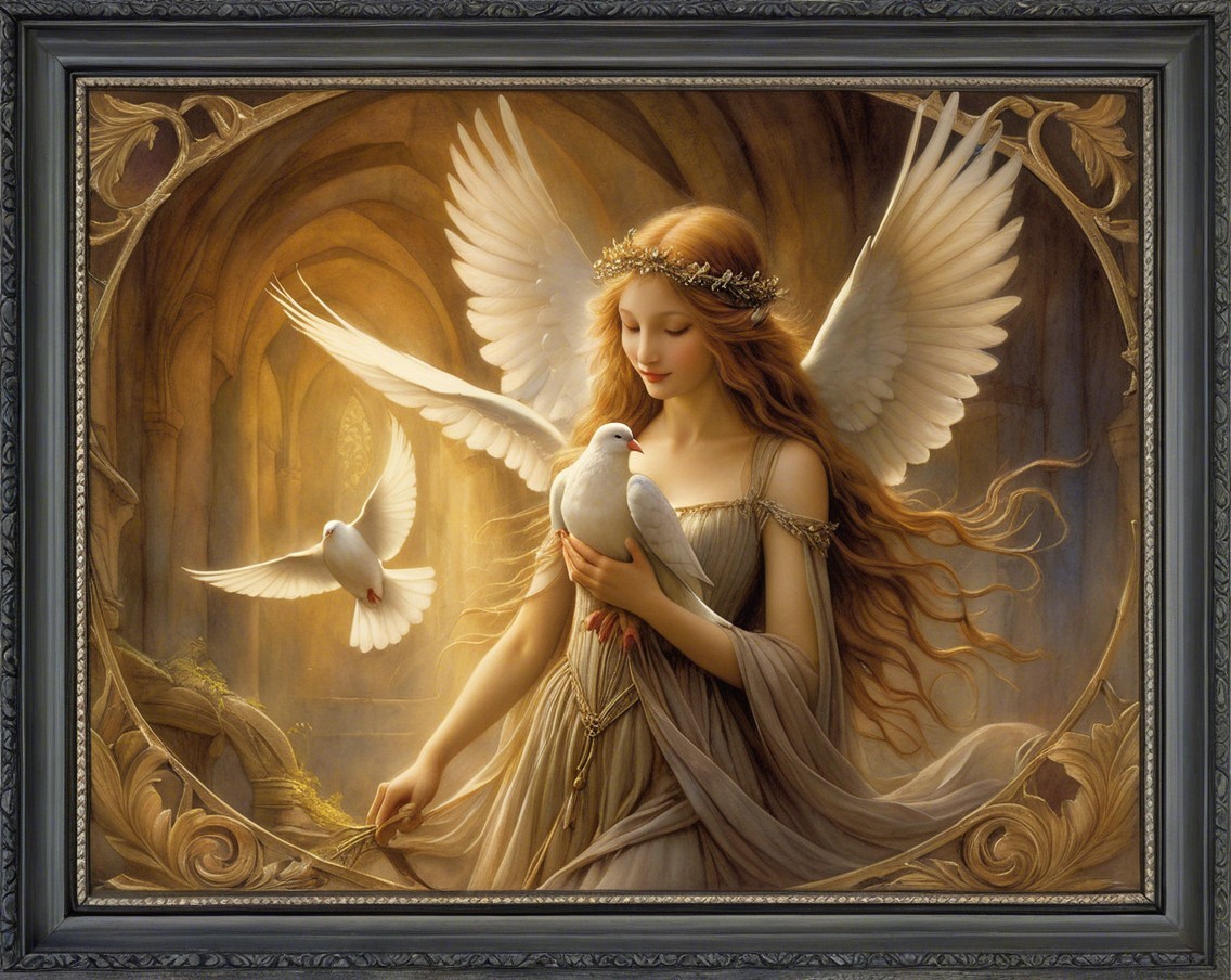 Angelic Figure with Doves in Ethereal Setting