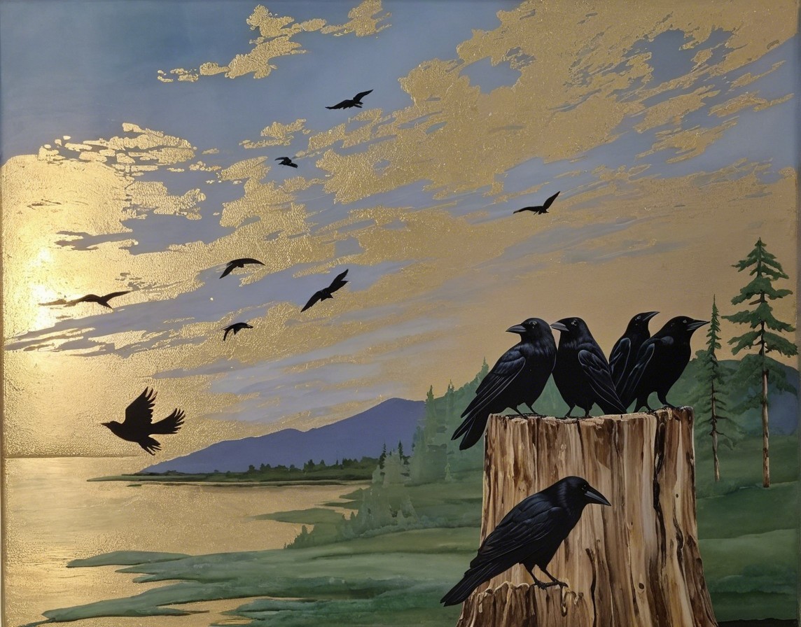 Serene Sunset Landscape with Crows and Lake