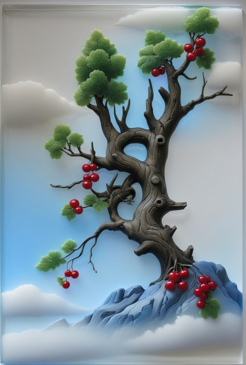 Stylized tree with cherries against blue sky and clouds