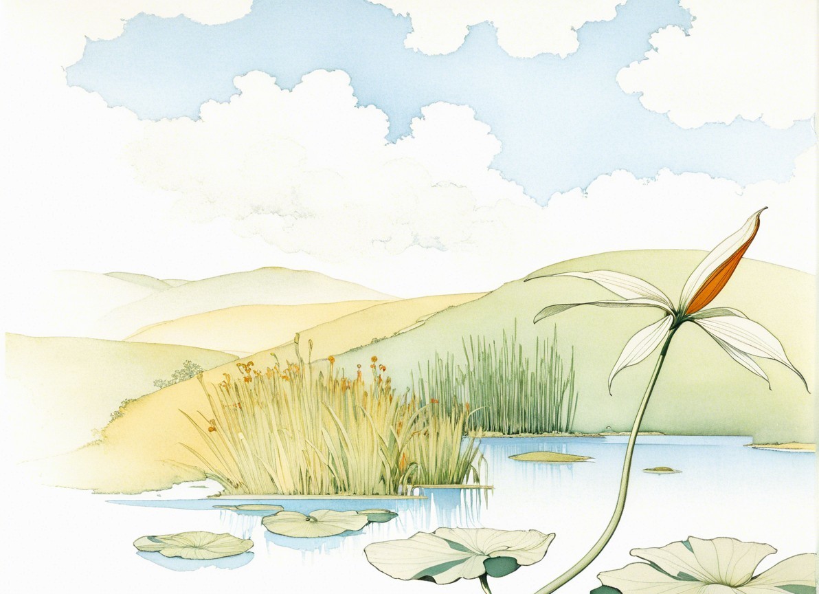 Tranquil Landscape with Water, Hills, and Flowers