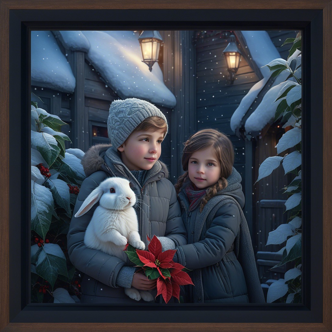 Children in Winter Coats with Rabbit and Poinsettia