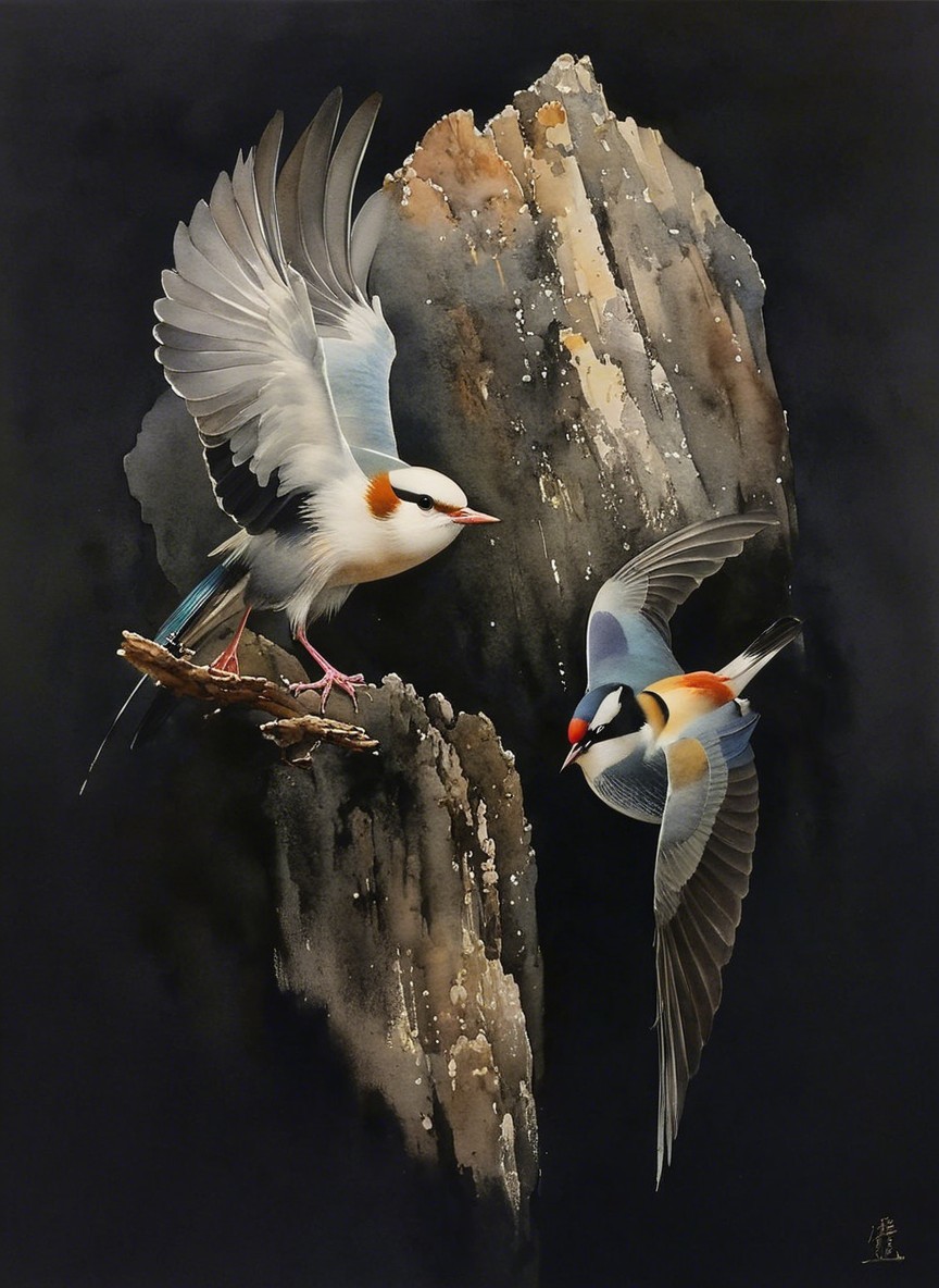 Vibrant Birds in Dynamic Poses on Dark Background
