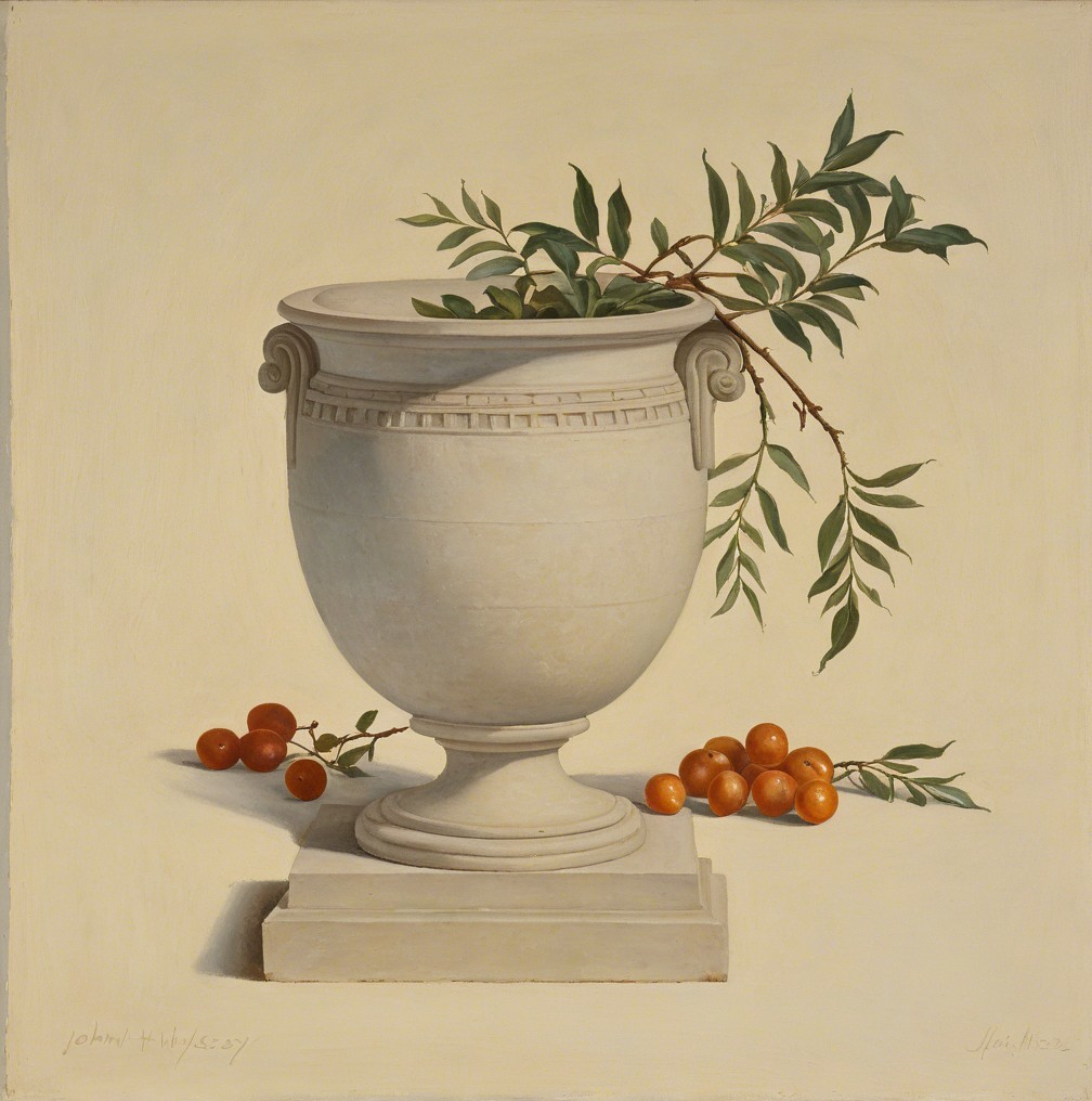 Classical White Urn with Green Leaves and Orange Fruits