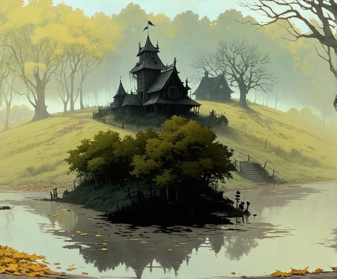Gothic Mansion Surrounded by Autumn Landscape and Lake