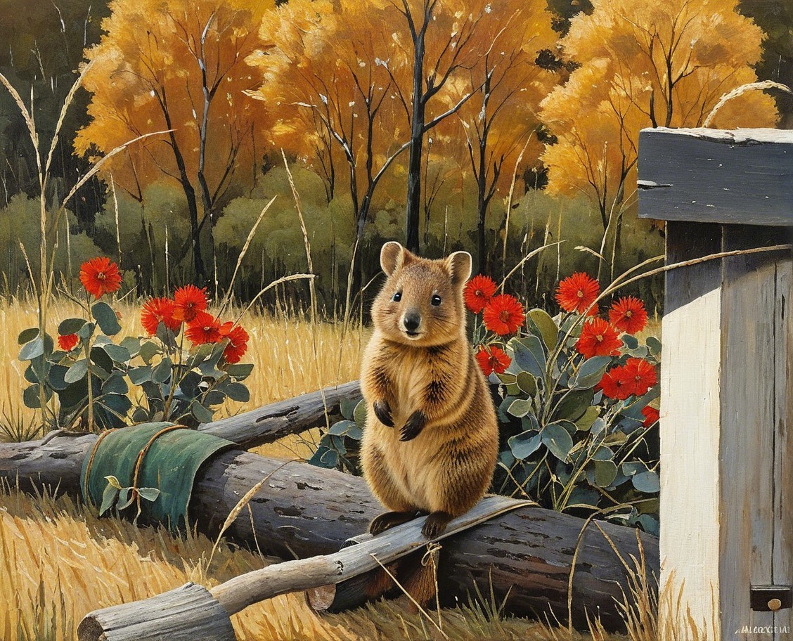 Quokka on Log Surrounded by Autumn Foliage and Flowers