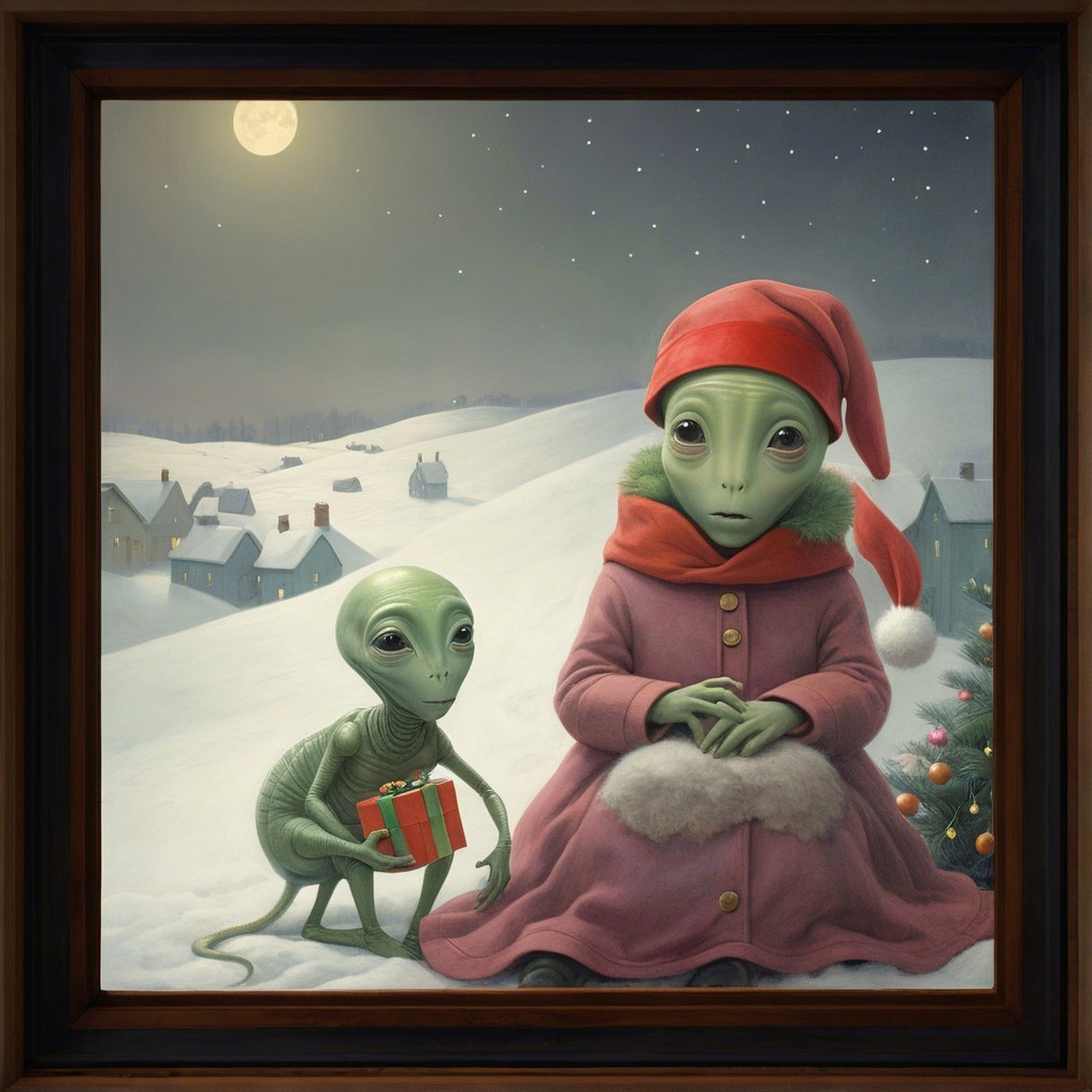 Grey Aliens Celebrating Christmas in Snowy Village