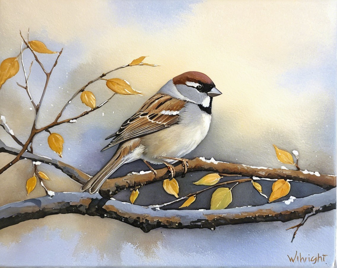 Sparrow on Snow-Dusted Branch with Yellow Leaves