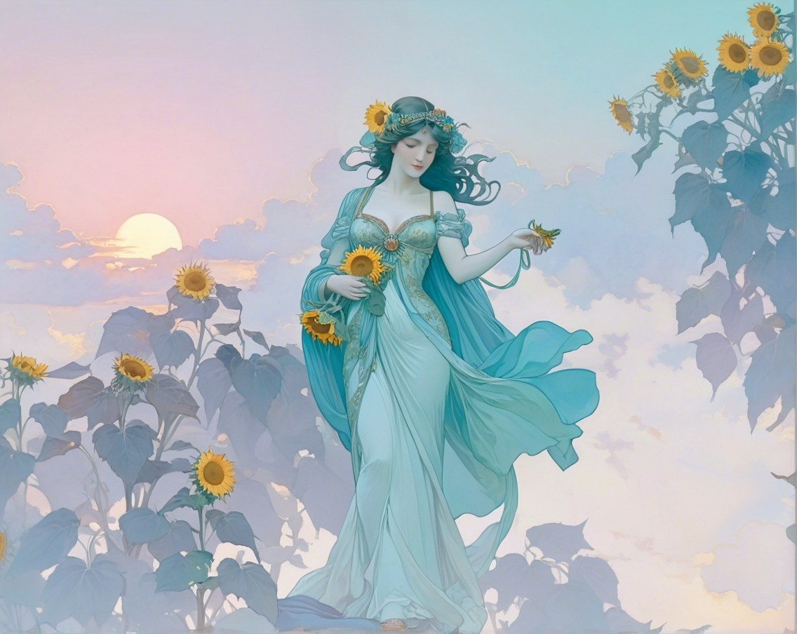 Serene figure among sunflowers in pastel hues