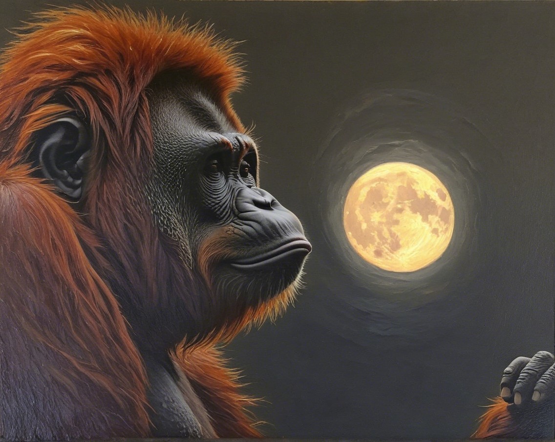 Orangutan Contemplating Full Moon in Dark Sky