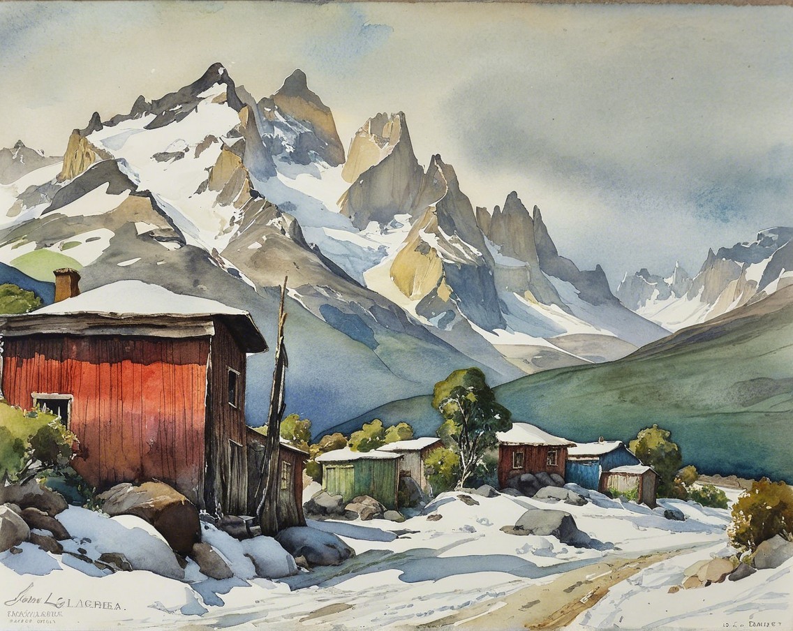Serene Landscape with Snowy Mountains and Colorful Houses