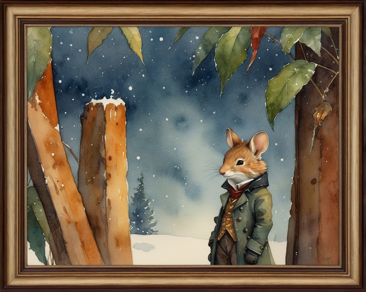 Whimsical Winter Scene with Anthropomorphic Mouse